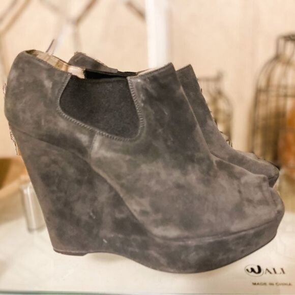 Prada Suede Peep Toe Wedge Ankle Booties - Picture 3 of 9